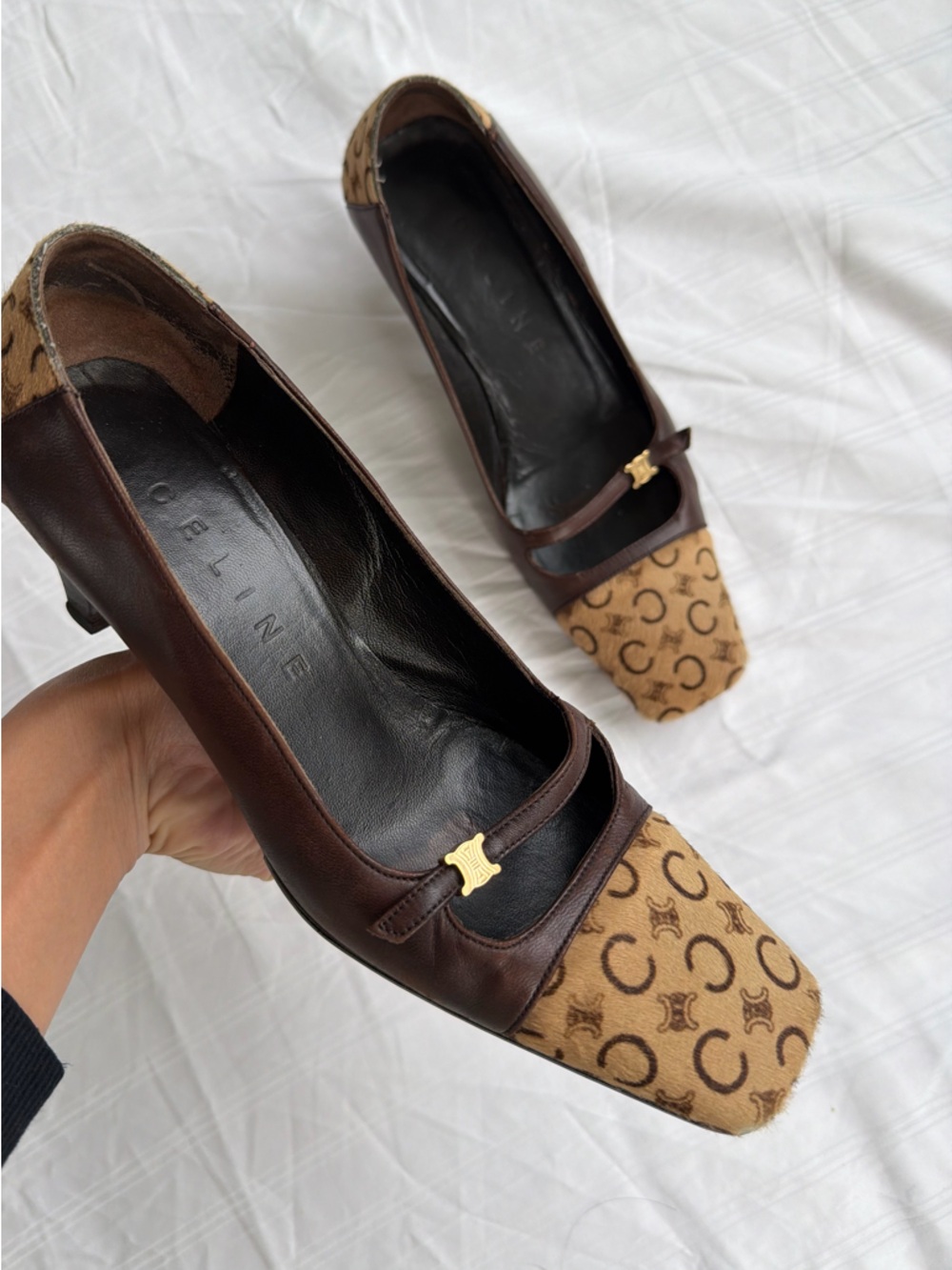 Celine Brown Leather & Monogram Block-Heel Pumps/ Y2K vintage